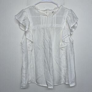 Mine White Flutter Sleeve Ruffle Neck Babydoll Top Sz L